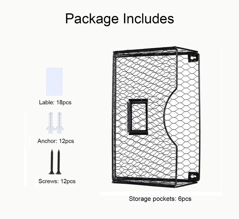 PAG 6 Pockets Hanging File Holder Wall Mount Mail Organizer Metal Chicken Wire Magazine Rack with Tag Slot, Black - Image 3